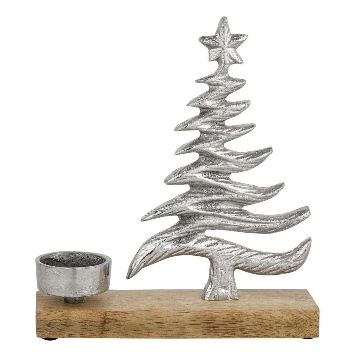 Theelichthouder Xmas 2, aluminium zilver op houten voet, H 2
