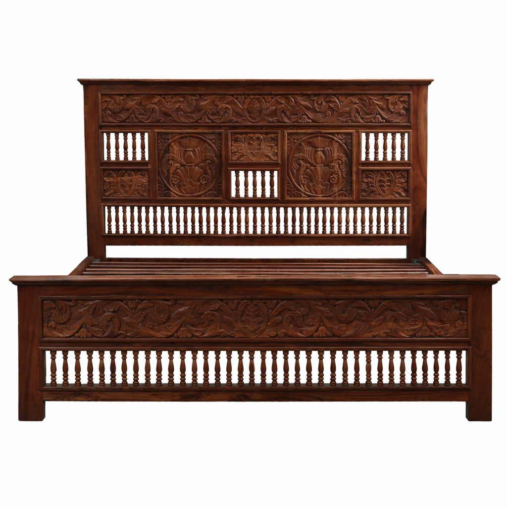 Oosters tweepersoonsbed van massief hout, zandkleurig, donke