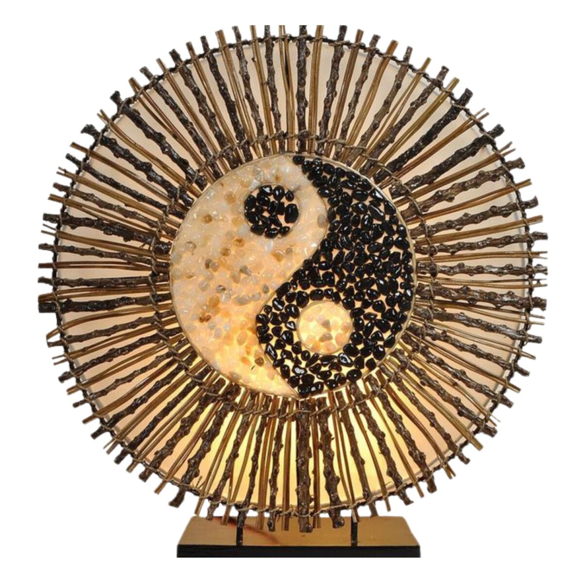 Tafellamp Yingyang Batur 30 cm, Capiz-lamp met bamboeringen