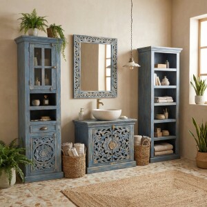 Badkamerkast Kirpal Blauw, oosterse stijl, massief hout,...