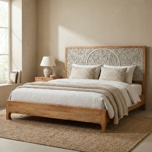 Massief houten tweepersoonsbed Kochi 180x200 cm, oosterse...