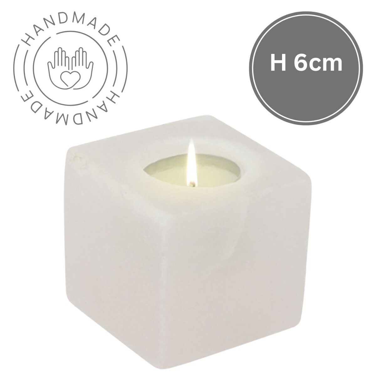 Theelichthouder van zoutkristal, kubus, White Line | Handgem