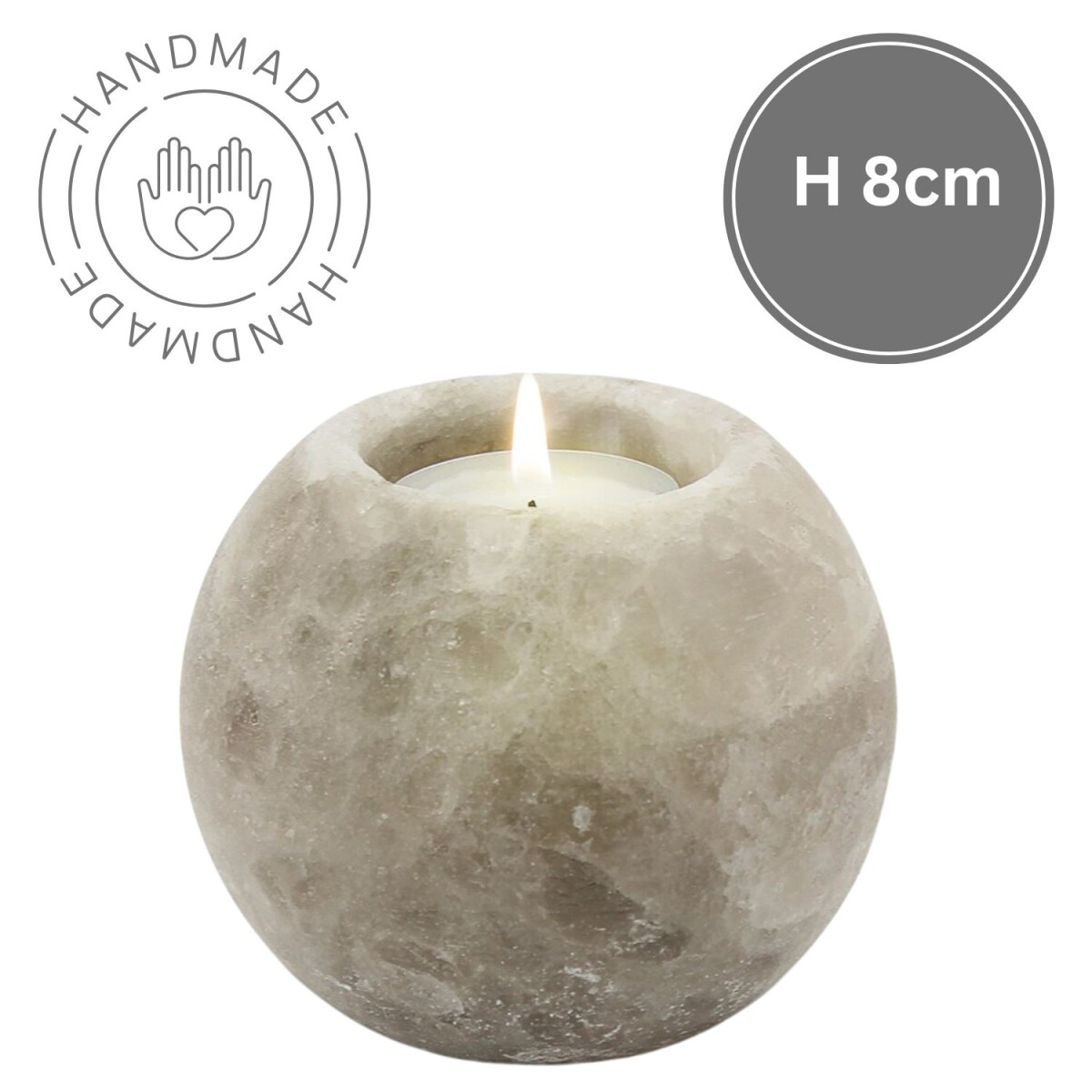 Theelichthouder van zoutkristal, rond, Grey Line | Handgemaa