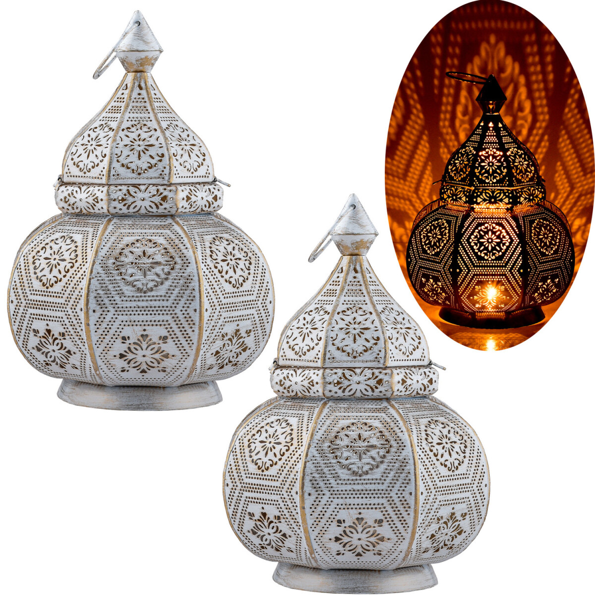 Set van 2 oosterse lantaarnlampen, nachtlampjes Mahana, wit